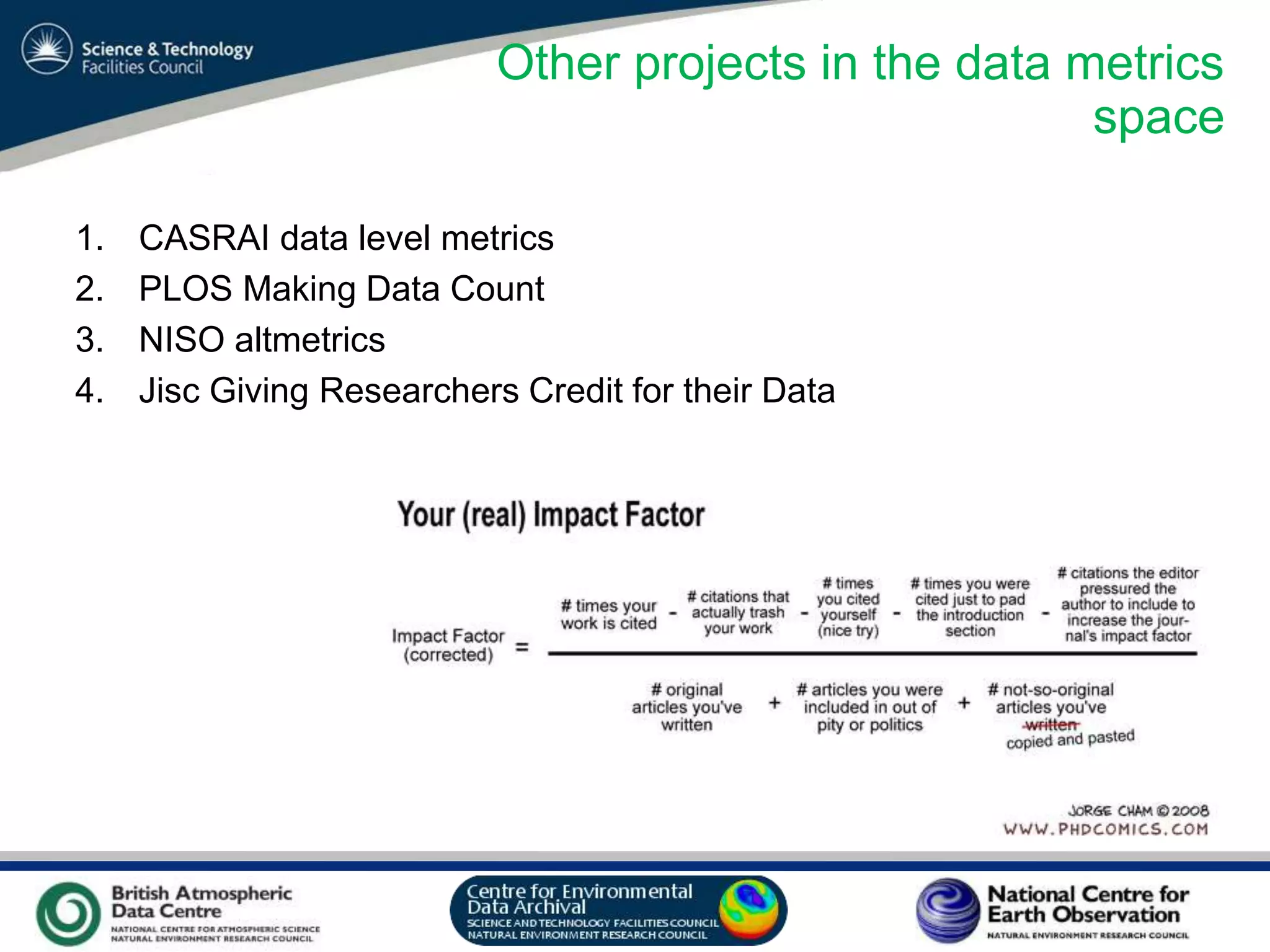 VO Sandpit, November 2009
Other projects in the data metrics
space
1. CASRAI data level metrics
2. PLOS Making Data Count
3. NISO altmetrics
4. Jisc Giving Researchers Credit for their Data
 