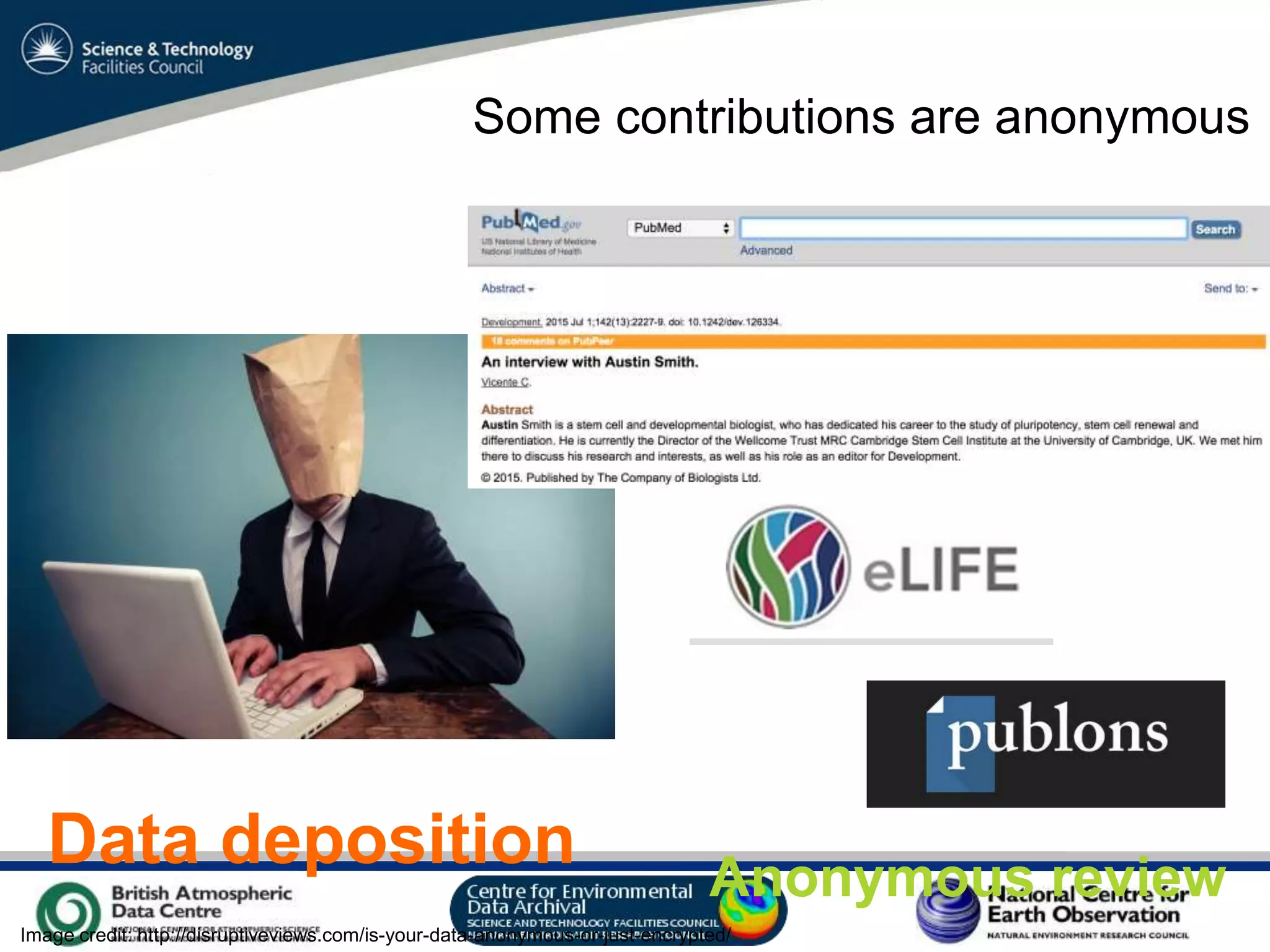 VO Sandpit, November 2009
Some contributions are anonymous
Data deposition
Image credit: http://disruptiveviews.com/is-your-data-anonymous-or-just-encrypted/
Anonymous review
 