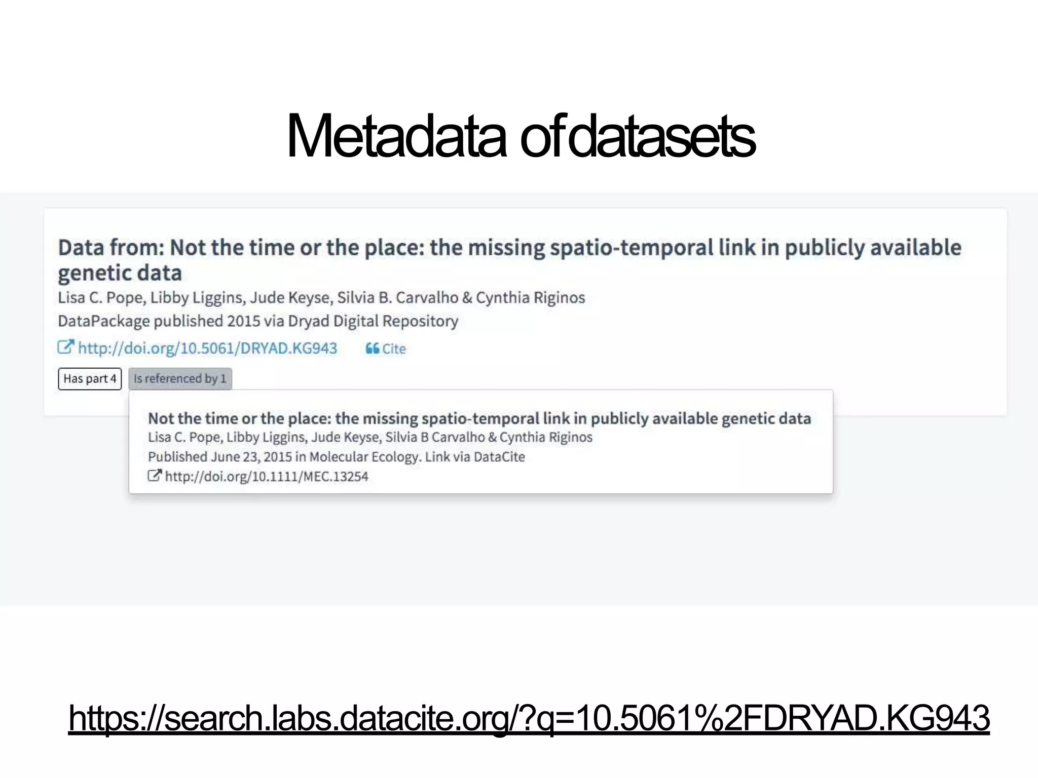 Metadata ofdatasets
https://search.labs.datacite.org/?q=10.5061%2FDRYAD.KG943
 