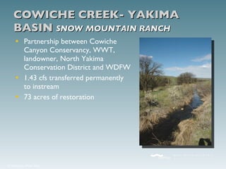 COWICHE CREEK- YAKIMA BASIN  SNOW MOUNTAIN RANCH Partnership between Cowiche Canyon Conservancy, WWT, landowner, North Yakima Conservation District and WDFW 1.43 cfs transferred permanently to instream 73 acres of restoration 
