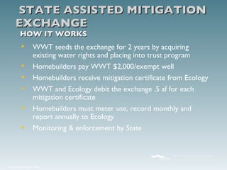 STATE ASSISTED MITIGATION EXCHANGE   HOW IT WORKS WWT seeds the exchange for 2 years by acquiring existing water rights and placing into trust program Homebuilders pay WWT $2,000/exempt well Homebuilders receive mitigation certificate from Ecology WWT and Ecology debit the exchange .5 af for each mitigation certificate Homebuilders must meter use, record monthly and report annually to Ecology Monitoring & enforcement by State 