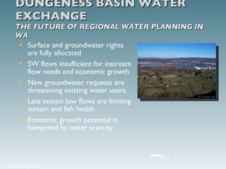 Surface and groundwater rights are fully allocated SW flows insufficient for instream flow needs  and  economic growth New groundwater requests are threatening existing water users Late season low flows are limiting stream and fish health Economic growth potential is hampered by water scarcity DUNGENESS BASIN WATER EXCHANGE THE FUTURE OF REGIONAL WATER PLANNING IN WA 
