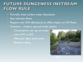 FUTURE DUNGENESS INSTREAM FLOW RULE Formally close surface water allocations Sets instream flows Require new GW allocations to offset impact on SW flows Summary - create a cap and trade system Consumptive use cap on water Links GW to SW Allocates rights (and costs) Enables trading 