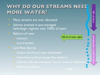 WHY DO OUR STREAMS NEED MORE WATER? Many streams are over allocated Salmon evolved in pre-managed  hydrologic regimes over 1000s of years Balance of uses:  instream out-of-stream Low flow due to: Surface and Ground water withdrawals Impervious surfaces change flow patterns Climate: reduced snowpack: natural reservoir depletion Natural conditions 200 cfs of water rights 300  cfs flows overallocated / insufficient flow 