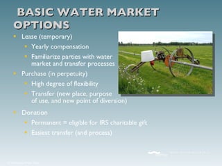 BASIC WATER MARKET OPTIONS Lease (temporary) Yearly compensation Familiarize parties with water market and transfer processes Purchase (in perpetuity) High degree of flexibility Transfer (new place, purpose of use, and new point of diversion) Donation Permanent = eligible for IRS charitable gift  Easiest transfer (and process) 