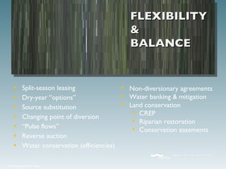 Split-season leasing Dry-year “options” Source substitution Changing point of diversion “ Pulse flows” Reverse auction Water conservation (efficiencies) Non-diversionary agreements Water banking & mitigation Land conservation  CREP Riparian restoration Conservation easements  FLEXIBILITY &  BALANCE 