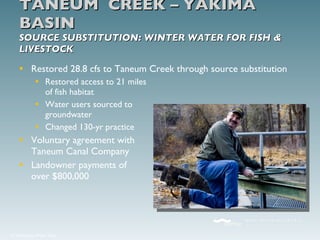 Restored 28.8 cfs to Taneum Creek through source substitution Restored access to 21 miles of fish habitat Water users sourced to groundwater Changed 130-yr practice Voluntary agreement with Taneum Canal Company Landowner payments of over $800,000 TANEUM  CREEK – YAKIMA BASIN SOURCE SUBSTITUTION: WINTER WATER FOR FISH & LIVESTOCK 