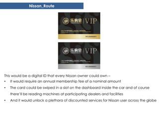 Nissan_Route




This would be a digital ID that every Nissan owner could own –
•   It would require an annual membership fee of a nominal amount
•   The card could be swiped in a slot on the dashboard inside the car and of course
    there’ll be reading machines at participating dealers and facilities
•   And it would unlock a plethora of discounted services for Nissan user across the globe
 