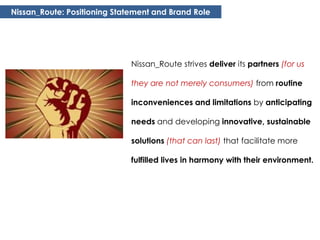 Nissan_Route: Positioning Statement and Brand Role




                              Nissan_Route strives deliver its partners (for us

                              they are not merely consumers) from routine

                              inconveniences and limitations by anticipating

                              needs and developing innovative, sustainable

                              solutions (that can last) that facilitate more

                              fulfilled lives in harmony with their environment.
 
