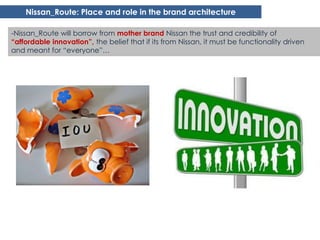 Nissan_Route: Place and role in the brand architecture

-Nissan_Route will borrow from mother brand Nissan the trust and credibility of
“affordable innovation”, the belief that if its from Nissan, it must be functionality driven
and meant for “everyone”…
 