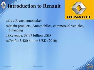 Introduction to RenaultIs a French automaker Main products: Automobiles, commercial vehicles, financingRevenue: 38.97 billion USDProfit: 3.420 billion USD (2010)Renault-Nissan425 April 2011