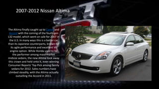 2007-2012 Nissan Altima
The Altima finally caught up to Camry and
Accord with the coming of the fouth-gen
L32 model, which went on sale for 2007 in
the U.S. In many ways this is a better car
than its Japanese counterparts, known for
its agile performance and excellent V6
engine option. While Honda used to be
the performer among mass-market
midsize sedans, the new Altima took away
this crown and held onto it, even winning
Consumer Reports' Top Pick among family
sedans for 2012. Sales numbers have
climbed steadily, with the Altima actually
outselling the Accord in 2011.
 