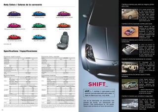 Uno de los fabricantes de automóviles más
grandes del mundo, con operaciones que
abarcan 7.900 distribuidores en 190 países,
Nissan está cambiando el futuro del automóvil.
El placer de conducir se
encuentra en el corazón de
Nissan. Esta pasión es
aparente en todas partes,
desde la forma en que el
coche parece que la forma
en que responde a la del
conductor cada comando.
Cambie la manera que te sientes acerca de la
conducción.
TI (Tecnología de la
Información) se acerca al
coche, con los sistemas para
mantener el flujo de
información dentro del
vehículo y con el mundo que
lo rodea.
Cambie la forma de mantenerse en contacto.
En virtud de su "Quest for
Safety mundo real" la
política, Nissan pretende
ofrecer tecnologías de
seguridad eficaces basados ​​
en datos de accidentes de
tráfico reales.
Cambie la manera que considere la seguridad.
De la silueta general hasta
el más mínimo detalle de
interiores, diseño innovador
de Nissan están creando
vehículos que se destacan,
los coches que muestran
personali-dad, los coches
que te hacen sonreír.
Cambie la manera que usted se imagina coches
para mirar.
shift v. 1. cambiar. 2. para pasar a una
posición que sea adecuado para usted. 3.
dejar el status quo muy, muy atrás.
¿Cómo Nissan honrar el
principio de ser sensibles
con el medio ambiente?
Nuestros esfuerzos por
abordar el ciclo de vida del
vehículo
– desde el desarrollo hasta
la producción, las ventas y
el servicio de reciclaje.
Cambie la forma de pensar sobre el medio
ambiente.
Nissan siempre ha sido
conocido por su durabilidad
y fiabilidad. Ahora se está
levantando la barra de
nuevo, con la experiencia
tecnológica probada en más
exigentes eventos mo-
torsports del mundo.
Cambie la forma esperada coches para durar.
Body Colors / Colores de la carrocería
Specifications / Especificaciones
10
Dark Blue M [B23] / Azul osuro M [B23]
Model GA16DNE
Transmission 5MT 4AT
Overall length mm 4,324
Overall width mm 1,640
Overall height mm 1,369
Wheelbase mm 2,430
Tread
front mm 1,445
rear mm 1,430
Min. ground clearance mm 110
Gross vehicle weight kg 1,389 1,434
Min. turning radius (curb to curb) m 4.6
Fuel tank capacity L 50
Tires 175/70SR13
Wheels 5J-13 Steel
Dimensions, weight & capacity
Code GA16DNE
Type 4-cyl. in-line, DOHC 16-valve. Water-cooled.
Bore x stroke mm 76.0 x 88.0
Engine
Displacement cc 1,597
Max. power HP/rpm 105/6,000
Max. torque kg-m/rpm 14.3/4,000
Compression ratio 9.5 : 1
Fuel system ECCS, electronic fuel injection control.
type 5-speed manual 4-speed automatic
1st 3.333 2.861
Transmission
2nd 1.955 1.562
gear ratios 3rd 1.286 1.000
4th 0.926 0.697
5th 0.733 -
reverse 3.417 2.310
Final gear ratio (hypoid final gear) 4.167 4.072
Steering Power assisted Rack and pinion. Collapsible shaft.
front Independent by MacPherson struts &
Suspension
coil springs with transverse link.
rear Independent by MacPherson struts &
coil springs with transverse link.
Brakes
front Discs.
rear Drums with automatic adjuster.
Mechanical features
Nissan Motor Co., Ltd. reserves the right to make any changes without notice concerning colors, equipment or
specifications detailed in this brochure, or to discontinue individual models. The colors of vehicles delivered may differ
slightly from those in this brochure. The specifications vary for different countries depending on local market conditions.
Please consult your local dealer to ensure that the vehicle delivered accords with your expectations.
Modelo GA16DNE
Transmisión 5TM 4TA
Longitud total mm 4.324
Anchura total mm 1.640
Altura total mm 1.369
Distancia entre ejes mm 2.430
Ancho de vía
delantero mm 1.445
trasero mm 1.430
Distancia mín. del suelo mm 110
Peso bruto del vehículo kg 1.389 1.434
Radio mín. de viraje (de acera a acera) m 4,6
Capacidad del tanque de combustible L 50
Neumáticos 175/70SR13
Llantas Acero 5J-13
Dimensiones, pesos y capacidad
Código GA16DNE
Tipo 4 cil. en línea, DOHC con 16 válvulas, enfriado por agua
Diámetro x carrera mm 76,0 x 88,0
Motor
Cilindrada cc 1.597
Potencia máx. HP/rpm 105/6.000
Torque máximo kgm/rpm 14,3/4.000
Relación de compresión 9,5 : 1
Sistema de alimentación de combustible Control electrónico de inyección de combustible, ECCS
tipo Manual de 5 velocidades Automática de 4 velocidades
1ra 3,333 2,861
Relación de
2da 1,955 1,562
transmisión 3ra 1,286 1,000
4ta 0,926 0,697
5ta 0,733 -
m.a. 3,417 2,310
Desmultiplicación final (engranaje final hipoidal) 4,167 4,072
Dirección Servoasistida. Piñón y cremallera. Columna plegable.
delantera
Independiente con montantes McPherson,
Supensión
muelles helicoidales y barras transversales
trasera
Independiente con montantes McPherson,
muelles helicoidales y barras transversales.
Frenos
delanteros Discos
traseros Tambores con ajustador automático
Características mecánicas
Nissan Motor Co., Ltd. se reserva el derecho de efectuar cualquier modificación sin previo aviso con respecto a colores,
equipos o especificaciones detallados en este folleto, o discontinuar la producción de modelos individuales. Los colores de
los vehículos entregados podrían diferir ligeramente de los que figuran en este folleto. Las especificaciones varían en
distintos países según las condiciones de cada mercado. Sírvase consultar a su distribuidor local para asegurarse de que el
vehículo entregado cumple con sus expectativas.
Metallic/Metálico: M
Red M [AX2] / Rojo M [AX2] Red [A20] / Rojo [A20]
Dark Driftwood M [C14] / Madera oscura M [C14] Green M [D23] / Verde M [D23]
Silver M [K23] / Plateado M [K23] White [QM1] / Blanco [QM1]
Black [KH3] / Negro [KH3]
 