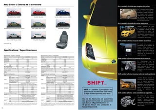 Uno de los fabricantes de automótiles
más grandes del mundo con operaciones
que abarcan 7.9pp distribuidores en
19 países, Nissan está cambiando el
futuro del automótil.
El placer de conducir se
encuentra en el corazón de
Nissan. Esta pasión es
aparente en todas partes,
desde la forma en como el
coche se ve a como
responde al conductor en
cada comando.
Shift cambia la forma en que te sientes al conducir
Shift cambia la forma de mantenerse en contacto.
En virtud de su política
"Quest for Real World
Safety”, Nissan pretende
ofrecer tecnologías de
seguridad eficaces basados
en datos de accidentes de t
ráfico reales.
Shift cambia la forma como consideras la seguridad.
De la silueta general hasta
el más mínimo detalle de
interiores, diseño innovador
de Nissan están creando
vehículos que se destacan,
los coches que muestran
personalidad, los coches
que te hacen sonreír.
Shift cambia la forma en que imaginas los coches
shift v 1. cambiar. 2. para pasar a una
posición que sea adecuado para usted.
3. dejar el status quo muy, muy atrás.
¿Cómo Nissan respeta el
principio de ser sensibles
con el medio ambiente?
Nuestros esfuerzos por
abordar el ciclo de vida del
vehículo, desde el desarrollo
hasta la producción, las
ventas y servicios de
reciclaje.
Shift cambia la forma de pensar sobre el medio ambiente
Nissan siempre ha sido
conocido por su durabilidad
y fiabilidad. Ahora se está
levantando la barra de
nuevo, con la experiencia
tecnológica probada en los
más exigentes eventos
motorsports del mundo.
Shift cambia la forma de los coches para durar
Body Colors / Colores de la carrocería
Specifications / Especificaciones
10
Dark Blue M [B23] / Azul osuro M [B23]
Model GA16DNE
Transmission 5MT 4AT
Overall length mm 4,324
Overall width mm 1,640
Overall height mm 1,369
Wheelbase mm 2,430
Tread
front mm 1,445
rear mm 1,430
Min. ground clearance mm 110
Gross vehicle weight kg 1,389 1,434
Min. turning radius (curb to curb) m 4.6
Fuel tank capacity L 50
Tires 175/70SR13
Wheels 5J-13 Steel
Dimensions, weight & capacity
Code GA16DNE
Type 4-cyl. in-line, DOHC 16-valve. Water-cooled.
Bore x stroke mm 76.0 x 88.0
Engine
Displacement cc 1,597
Max. power HP/rpm 105/6,000
Max. torque kg-m/rpm 14.3/4,000
Compression ratio 9.5 : 1
Fuel system ECCS, electronic fuel injection control.
type 5-speed manual 4-speed automatic
1st 3.333 2.861
Transmission
2nd 1.955 1.562
gear ratios 3rd 1.286 1.000
4th 0.926 0.697
5th 0.733 -
reverse 3.417 2.310
Final gear ratio (hypoid final gear) 4.167 4.072
Steering Power assisted Rack and pinion. Collapsible shaft.
front Independent by MacPherson struts &
Suspension
coil springs with transverse link.
rear Independent by MacPherson struts &
coil springs with transverse link.
Brakes
front Discs.
rear Drums with automatic adjuster.
Mechanical features
Nissan Motor Co., Ltd. reserves the right to make any changes without notice concerning colors, equipment or
specifications detailed in this brochure, or to discontinue individual models. The colors of vehicles delivered may differ
slightly from those in this brochure. The specifications vary for different countries depending on local market conditions.
Please consult your local dealer to ensure that the vehicle delivered accords with your expectations.
Modelo GA16DNE
Transmisión 5TM 4TA
Longitud total mm 4.324
Anchura total mm 1.640
Altura total mm 1.369
Distancia entre ejes mm 2.430
Ancho de vía
delantero mm 1.445
trasero mm 1.430
Distancia mín. del suelo mm 110
Peso bruto del vehículo kg 1.389 1.434
Radio mín. de viraje (de acera a acera) m 4,6
Capacidad del tanque de combustible L 50
Neumáticos 175/70SR13
Llantas Acero 5J-13
Dimensiones, pesos y capacidad
Código GA16DNE
Tipo 4 cil. en línea, DOHC con 16 válvulas, enfriado por agua
Diámetro x carrera mm 76,0 x 88,0
Motor
Cilindrada cc 1.597
Potencia máx. HP/rpm 105/6.000
Torque máximo kgm/rpm 14,3/4.000
Relación de compresión 9,5 : 1
Sistema de alimentación de combustible Control electrónico de inyección de combustible, ECCS
tipo Manual de 5 velocidades Automática de 4 velocidades
1ra 3,333 2,861
Relación de
2da 1,955 1,562
transmisión 3ra 1,286 1,000
4ta 0,926 0,697
5ta 0,733 -
m.a. 3,417 2,310
Desmultiplicación final (engranaje final hipoidal) 4,167 4,072
Dirección Servoasistida. Piñón y cremallera. Columna plegable.
delantera
Independiente con montantes McPherson,
Supensión
muelles helicoidales y barras transversales
trasera
Independiente con montantes McPherson,
muelles helicoidales y barras transversales.
Frenos
delanteros Discos
traseros Tambores con ajustador automático
Características mecánicas
Nissan Motor Co., Ltd. se reserva el derecho de efectuar cualquier modificación sin previo aviso con respecto a colores,
equipos o especificaciones detallados en este folleto, o discontinuar la producción de modelos individuales. Los colores de
los vehículos entregados podrían diferir ligeramente de los que figuran en este folleto. Las especificaciones varían en
distintos países según las condiciones de cada mercado. Sírvase consultar a su distribuidor local para asegurarse de que el
vehículo entregado cumple con sus expectativas.
Metallic/Metálico: M
Red M [AX2] / Rojo M [AX2] Red [A20] / Rojo [A20]
Dark Driftwood M [C14] / Madera oscura M [C14] Green M [D23] / Verde M [D23]
Silver M [K23] / Plateado M [K23] White [QM1] / Blanco [QM1]
Black [KH3] / Negro [KH3]
TI (Tecnología de la
Información) se acerca al
coche, con los sistemas
para mantener el flujo de
información dentro del
vehículo y con el mundo que
lo rodea.
 