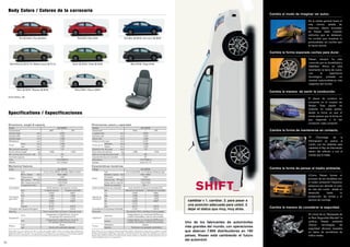 Uno de los fabricantes de automóviles
más grandes del mundo, con operaciones
que abarcan 7.900 distribuidores en 190
países, Nissan está cambiando el futuro
del automóvil.
El placer de conducir se
encuentra en el corazón de
Nissan. Esta pasión es
evidente en todas partes,
desde la forma en que el
coche parece que la forma en
que responde a la del
conductor cada comando.
Cambie la manera de sentir la conducción.
ITI (Tecnología de la
Información) se acerca al
coche, con los sistemas para
mantener el flujo de información
dentro del vehículo y con el
mundo que lo rodea.
Cambie la forma de mantenerse en contacto.
En virtud de su "Búsqueda de
la Real Seguridad Mundial" la
política, Nissan pretende
ofrecer tecnologías de
seguridad eficaces basados
en datos de accidentes de
tráfico reales.
Cambie la manera de considerar la seguridad.
De la silueta general hasta el
más mínimo detalle de
interiores, diseño innovador
de Nissan están creando
vehículos que se destacan,
los coches que muestran la
personalidad, los coches que
te hacen sonreír.
Cambie el modo de imaginar ver autos .
cambiar v 1. cambiar. 2. para pasar a
una posición adecuada para usted. 3.
dejar el status quo muy, muy atrás.
¿Cómo Nissan honrar el
principio de ser sensibles con
el medio ambiente? Nuestros
esfuerzos por abordar el ciclo
de vida del coche desde el
desarrollo hasta la
producción, las ventas y el
servicio de reciclaje.
Cambie la forma de pensar al medio ambiente.
Nissan siempre ha sido
conocido por su durabilidad y
fiabilidad. Ahora se está
levantando la barra de nuevo,
con la experiencia
tecnológica probada en
eventos automovilísticos más
exigentes del mundo.
Cambie la forma esperada coches para durar.
Body Colors / Colores de la carrocería
Specifications / Especificaciones
10
Dark Blue M [B23] / Azul osuro M [B23]
Model GA16DNE
Transmission 5MT 4AT
Overall length mm 4,324
Overall width mm 1,640
Overall height mm 1,369
Wheelbase mm 2,430
Tread
front mm 1,445
rear mm 1,430
Min. ground clearance mm 110
Gross vehicle weight kg 1,389 1,434
Min. turning radius (curb to curb) m 4.6
Fuel tank capacity L 50
Tires 175/70SR13
Wheels 5J-13 Steel
Dimensions, weight & capacity
Code GA16DNE
Type 4-cyl. in-line, DOHC 16-valve. Water-cooled.
Bore x stroke mm 76.0 x 88.0
Engine
Displacement cc 1,597
Max. power HP/rpm 105/6,000
Max. torque kg-m/rpm 14.3/4,000
Compression ratio 9.5 : 1
Fuel system ECCS, electronic fuel injection control.
type 5-speed manual 4-speed automatic
1st 3.333 2.861
Transmission
2nd 1.955 1.562
gear ratios 3rd 1.286 1.000
4th 0.926 0.697
5th 0.733 -
reverse 3.417 2.310
Final gear ratio (hypoid final gear) 4.167 4.072
Steering Power assisted Rack and pinion. Collapsible shaft.
front Independent by MacPherson struts &
Suspension
coil springs with transverse link.
rear Independent by MacPherson struts &
coil springs with transverse link.
Brakes
front Discs.
rear Drums with automatic adjuster.
Mechanical features
Nissan Motor Co., Ltd. reserves the right to make any changes without notice concerning colors, equipment or
specifications detailed in this brochure, or to discontinue individual models. The colors of vehicles delivered may differ
slightly from those in this brochure. The specifications vary for different countries depending on local market conditions.
Please consult your local dealer to ensure that the vehicle delivered accords with your expectations.
Modelo GA16DNE
Transmisión 5TM 4TA
Longitud total mm 4.324
Anchura total mm 1.640
Altura total mm 1.369
Distancia entre ejes mm 2.430
Ancho de vía
delantero mm 1.445
trasero mm 1.430
Distancia mín. del suelo mm 110
Peso bruto del vehículo kg 1.389 1.434
Radio mín. de viraje (de acera a acera) m 4,6
Capacidad del tanque de combustible L 50
Neumáticos 175/70SR13
Llantas Acero 5J-13
Dimensiones, pesos y capacidad
Código GA16DNE
Tipo 4 cil. en línea, DOHC con 16 válvulas, enfriado por agua
Diámetro x carrera mm 76,0 x 88,0
Motor
Cilindrada cc 1.597
Potencia máx. HP/rpm 105/6.000
Torque máximo kgm/rpm 14,3/4.000
Relación de compresión 9,5 : 1
Sistema de alimentación de combustible Control electrónico de inyección de combustible, ECCS
tipo Manual de 5 velocidades Automática de 4 velocidades
1ra 3,333 2,861
Relación de
2da 1,955 1,562
transmisión 3ra 1,286 1,000
4ta 0,926 0,697
5ta 0,733 -
m.a. 3,417 2,310
Desmultiplicación final (engranaje final hipoidal) 4,167 4,072
Dirección Servoasistida. Piñón y cremallera. Columna plegable.
delantera
Independiente con montantes McPherson,
Supensión
muelles helicoidales y barras transversales
trasera
Independiente con montantes McPherson,
muelles helicoidales y barras transversales.
Frenos
delanteros Discos
traseros Tambores con ajustador automático
Características mecánicas
Nissan Motor Co., Ltd. se reserva el derecho de efectuar cualquier modificación sin previo aviso con respecto a colores,
equipos o especificaciones detallados en este folleto, o discontinuar la producción de modelos individuales. Los colores de
los vehículos entregados podrían diferir ligeramente de los que figuran en este folleto. Las especificaciones varían en
distintos países según las condiciones de cada mercado. Sírvase consultar a su distribuidor local para asegurarse de que el
vehículo entregado cumple con sus expectativas.
Metallic/Metálico: M
Red M [AX2] / Rojo M [AX2] Red [A20] / Rojo [A20]
Dark Driftwood M [C14] / Madera oscura M [C14] Green M [D23] / Verde M [D23]
Silver M [K23] / Plateado M [K23] White [QM1] / Blanco [QM1]
Black [KH3] / Negro [KH3]
 