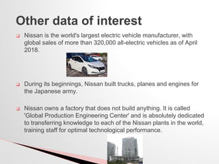 ❑ Nissan is the world's largest electric vehicle manufacturer, with
global sales of more than 320,000 all-electric vehicles as of April
2018.
❑ During its beginnings, Nissan built trucks, planes and engines for
the Japanese army.
❑ Nissan owns a factory that does not build anything. It is called
'Global Production Engineering Center' and is absolutely dedicated
to transferring knowledge to each of the Nissan plants in the world,
training staff for optimal technological performance.
Other data of interest
 
