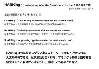 HARKing (Hypothesizing After the Results are Known) 仮説の事後生成
実は3種類あるといわれている
(Kerr, 1998; Rubin, 2017)
CHARKing（constructing...