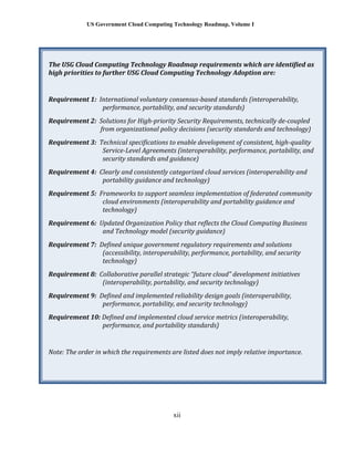 US Government Cloud Computing Technology Roadmap, Volume I
xii
The USG Cloud Computing Technology Roadmap requirements which are identified as
high priorities to further USG Cloud Computing Technology Adoption are:
Requirement 1: International voluntary consensus-based standards (interoperability,
performance, portability, and security standards)
Requirement 2: Solutions for High-priority Security Requirements, technically de-coupled
from organizational policy decisions (security standards and technology)
Requirement 3: Technical specifications to enable development of consistent, high-quality
Service-Level Agreements (interoperability, performance, portability, and
security standards and guidance)
Requirement 4: Clearly and consistently categorized cloud services (interoperability and
portability guidance and technology)
Requirement 5: Frameworks to support seamless implementation of federated community
cloud environments (interoperability and portability guidance and
technology)
Requirement 6: Updated Organization Policy that reflects the Cloud Computing Business
and Technology model (security guidance)
Requirement 7: Defined unique government regulatory requirements and solutions
(accessibility, interoperability, performance, portability, and security
technology)
Requirement 8: Collaborative parallel strategic “future cloud” development initiatives
(interoperability, portability, and security technology)
Requirement 9: Defined and implemented reliability design goals (interoperability,
performance, portability, and security technology)
Requirement 10: Defined and implemented cloud service metrics (interoperability,
performance, and portability standards)
Note: The order in which the requirements are listed does not imply relative importance.
 