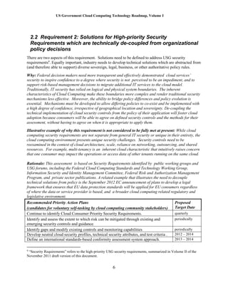 US Government Cloud Computing Technology Roadmap, Volume I
6
2.2 Requirement 2: Solutions for High-priority Security
Requirements which are technically de-coupled from organizational
policy decisions
There are two aspects of this requirement. Solutions need to be defined to address USG security
requirements9
. Equally important, industry needs to develop technical solutions which are abstracted from
(and therefore able to support) diverse sovereign, legal, business, or other authoritative policy rules.
Why: Federal decision makers need more transparent and effectively demonstrated cloud services’
security to inspire confidence to a degree where security is not perceived to be an impediment, and to
support risk-based management decisions to migrate additional IT services to the cloud model.
Traditionally, IT security has relied on logical and physical system boundaries. The inherent
characteristics of Cloud Computing make these boundaries more complex and render traditional security
mechanisms less effective. Moreover, the ability to bridge policy differences and policy evolution is
essential. Mechanisms must be developed to allow differing policies to co-exist and be implemented with
a high degree of confidence, irrespective of geographical location and sovereignty. De-coupling the
technical implementation of cloud security controls from the policy of their application will foster cloud
adoption because consumers will be able to agree on defined security controls and the methods for their
assessment, without having to agree on when it is appropriate to apply them.
Illustrative example of why this requirement is not considered to be fully met at present: While cloud
computing security requirements are not separate from general IT security or unique in their entirety, the
cloud computing environment presents unique security challenges. Security controls need to be
reexamined in the context of cloud architecture, scale, reliance on networking, outsourcing, and shared
resources. For example, multi-tenancy is an inherent cloud characteristic that intuitively raises concern
that one consumer may impact the operations or access data of other tenants running on the same cloud.
Rationale: This assessment is based on Security Requirements identified by public working groups and
USG forums, including the Federal Cloud Computing Standards and Technology Working Group,
Information Security and Identity Management Committee, Federal Risk and Authorization Management
Program, and private sector publications. A related example that illustrates the need to decouple
technical solutions from policy is the September 2012 EC announcement of plans to develop a legal
framework that ensures that EU data protection standards will be applied for EU consumers regardless
of where the data or service provider is based, and a broader cloud computing related regulatory and
legislative environment.
Recommended Priority Action Plans
(candidates for voluntary self-tasking by cloud computing community stakeholders)
Proposed
Target Date
Continue to identify Cloud Consumer Priority Security Requirements. quarterly
Identify and assess the extent to which risk can be mitigated through existing and
emerging security controls and guidance.
periodically
Identify gaps and modify existing controls and monitoring capabilities periodically
Develop neutral cloud security profiles, technical security attributes, and test criteria . 2012 – 2014
Define an international standards-based conformity assessment system approach. 2013 – 2014
9
“Security Requirements” refers to the high-priority USG security requirements, summarized in Volume II of the
November 2011 draft version of this document.
 