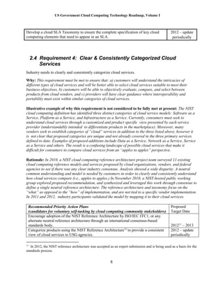 US Government Cloud Computing Technology Roadmap, Volume I
8
Develop a cloud SLA Taxonomy to ensure the complete specification of key cloud
computing elements that need to appear in an SLA.
2012 – update
periodically
2.4 Requirement 4: Clear & Consistently Categorized Cloud
Services
Industry needs to clearly and consistently categorize cloud services.
Why: This requirement must be met to ensure that: a) customers will understand the intricacies of
different types of cloud services and will be better able to select cloud services suitable to meet their
business objectives, b) customers will be able to objectively evaluate, compare, and select between
products from cloud vendors, and c) providers will have clear guidance where interoperability and
portability must exist within similar categories of cloud services.
Illustrative example of why this requirement is not considered to be fully met at present: The NIST
cloud computing definition has identified three distinct categories of cloud service models: Software as a
Service, Platform as a Service, and Infrastructure as a Service. Currently, consumers must seek to
understand cloud services through a customized and product specific view presented by each service
provider (understandably intended to differentiate products in the marketplace). Moreover, many
vendors seek to establish categories of “cloud” services in addition to the three listed above, however it
is not clear that proposed categories are unique and not already covered in the three primary services
defined to date. Examples of proposed additions include Data as a Service, Network as a Service, Service
as a Service and others. The result is a confusing landscape of possible cloud services that make it
difficult for consumers to compare cloud services from an “apples to apples” perspective.
Rationale: In 2010, a NIST cloud computing reference architecture project team surveyed 11 existing
cloud computing reference models and services proposed by cloud organizations, vendors, and federal
agencies to see if there was any clear industry consensus. Analysis showed a wide disparity. A neutral
common understanding and model is needed by customers in order to clearly and consistently understand
how cloud services compare (i.e., apples to apples.) In November 2010, a NIST-hosted public working
group explored proposed recommendation, and synthesized and leveraged this work through consensus to
define a single neutral reference architecture. The reference architecture and taxonomy focus on the
“what” as opposed to the “how” of implementation, and are not tied to a specific vendor implementation.
In 2011 and 2012, industry participants validated the model by mapping it to their cloud services.
Recommended Priority Action Plans
(candidates for voluntary self-tasking by cloud computing community stakeholders)
Proposed
Target Date
Encourage adoption of the NIST Reference Architecture by ISO/IEC JTC1, or any
alternate neutral reference architecture through an international consensus-based
standards body. 201211
– 2013
Categorize products using the NIST Reference Architecture12
to provide a consistent
view of cloud services to USG agencies.
2012 – update
periodically
11
In 2012, the NIST reference architecture was accepted as an expert submission and is being used as a basis for the
standards process.
 