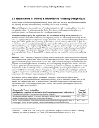 US Government Cloud Computing Technology Roadmap, Volume I
14
2.9 Requirement 9: Defined & Implemented Reliability Design Goals
Industry needs to define and implement reliability design goals, best practices, and related measurement
and reporting processes. (interoperability, portability, and security technology)
Why: As USG agencies increase their use of cloud computing to provide essential public services, it is
essential that industry be able to ensure that design flaws do not result in catastrophic failures or
significant outages over large regions or for extended periods of time.
Illustrative examples of why this requirement is not considered to be fully met at present: Cloud
Builders create mechanisms to compensate for component failures and deliver High Availability, but the
news has highlighted major cloud provider outages. In several cases, cloud providers suffered failures or
design flaws which affected the accessibility of cloud-based services for many subscribers. In April 2011,
an erroneous network reconfiguration triggered a failure, followed by a cascade of recovery events and
subsequent failures, and a lengthy outage. In May 2011, a sequence of cloud outages and software errors
led to email delays. During June and July 2011, the same cloud provider suffered outages that disabled
services. In August 2011, an intense lightning storm overloaded a power transformer; cloud services
were unavailable for hours. In August 2011, a cleanup software bug resulted in customers losing backup
data.
Rationale: Cloud Computing exemplifies reliability scenarios that are not found in traditional computing
and communications architectures. In traditional computing architectures, there is an affinity between the
application and the specific hardware on which it runs; high-availability strategies are implemented per-
platform, usually through hardware redundancy. In cloud computing, the application and the hardware
have less affinity because of virtualization. The economics of hardware redundancy are different in cloud
environments in that redundancy within a cloud must be supported by a cloud provider (because users
cannot reliably know workload-hardware bindings), and cross-cloud redundancy can trigger additional
usage fees. Due to scale, a statistically rare failure event may be a common occurrence in a cloud; clouds
compensate with redundancy implemented by cloud software.
Working with industry and academia, government researchers have identified needs to model,
understand, and predict global behavior and ensure reliability in large distributed systems, such as the
Internet and computational grids. USG researchers21
uncovered design flaws in open-source cloud
software that could result in significant resource leakage when systems operating that software are
exposed to simple malicious attacks.
Recommended Priority Action Plans
(candidates for voluntary self-tasking by cloud computing community stakeholders)
Proposed
Target Date
Formulate and publish best practices on achieving reliability. 2012 – 2014
Develop a consensus process to measure and report industry-wide cloud reliability
information to assess current and future cloud reliability.
2012 – 2017
Define research methods for real-time measurement and monitoring to predict onset of
catastrophic failure in cloud systems, and tools to identify failure vulnerabilities.
2012 - 2015
21
Dabrowski, C., and K. Mills. "VM Leakage and Orphan Control in Open-Source Clouds." Cloud Computing
Technology and Science (CloudCom), 2011 IEEE Third International Conference on. IEEE, 2011.
 