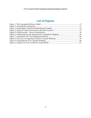 US Government Cloud Computing Technology Roadmap, Volume II
vi
List of Figures
Figure 1: The Conceptual Reference Model ........................................................................................9
Figure 2: Cloud Broker Interactions...................................................................................................13
Figure 3: Intermediary Cloud Provider Brokerage Example .............................................................14
Figure 4: Scope of Controls between Provider and Consumer ..........................................................15
Figure 5: Cloud Provider – Service Orchestration.............................................................................16
Figure 6: Challenging Security Requirements to Mitigation Mapping..............................................50
Figure 7: Information Life Cycle Management Phases .....................................................................69
Figure 8: Service-Level Agreement Generic Concepts Mindmap.....................................................79
Figure 9: Cloud-Specific SLA Concepts Mindmap ...........................................................................80
Figure 10: High Level View of Metric Concept Model.....................................................................81
 