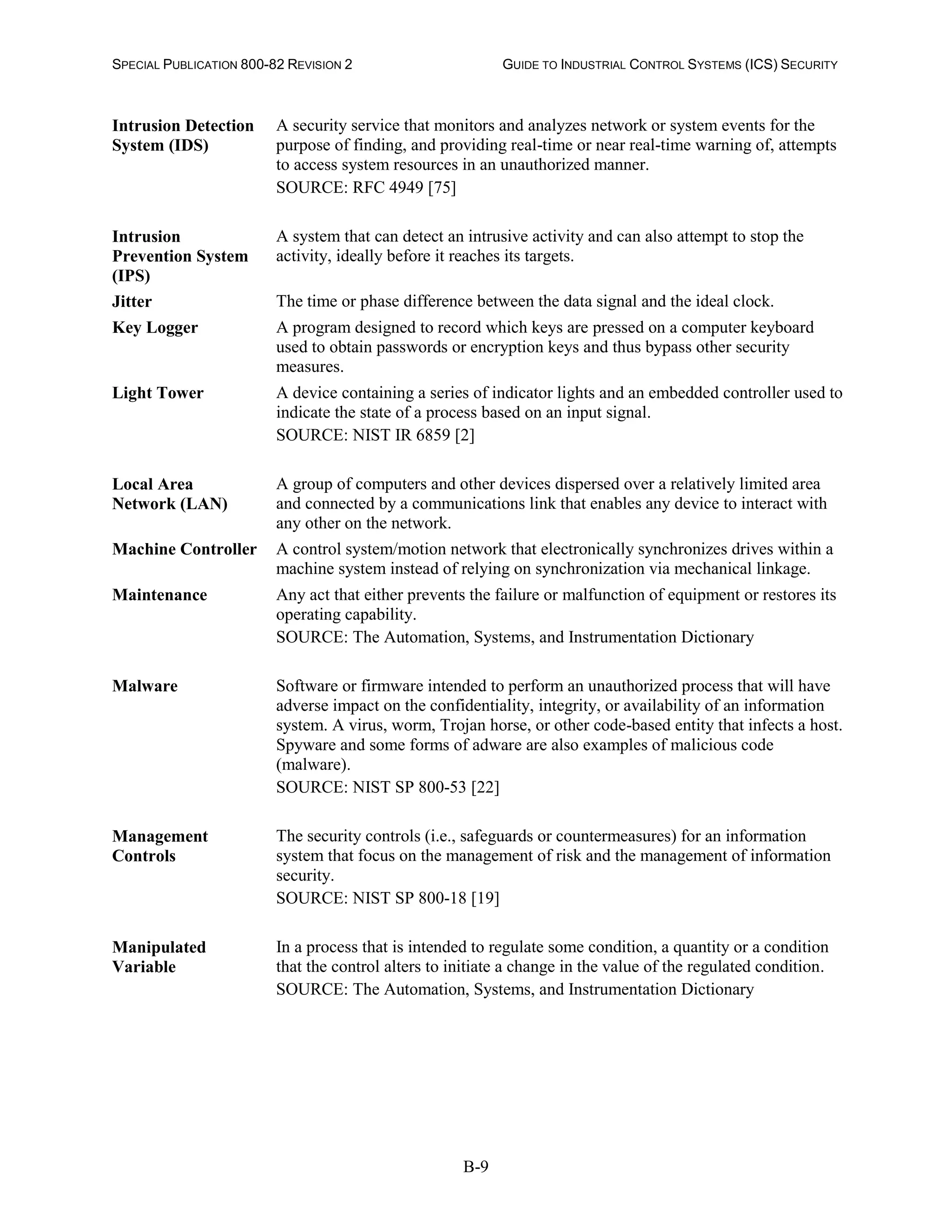 SPECIAL PUBLICATION 800-82 REVISION 2 GUIDE TO INDUSTRIAL CONTROL SYSTEMS (ICS) SECURITY
B-9
Intrusion Detection
System (IDS)
A security service that monitors and analyzes network or system events for the
purpose of finding, and providing real-time or near real-time warning of, attempts
to access system resources in an unauthorized manner.
SOURCE: RFC 4949 [75]
Intrusion
Prevention System
(IPS)
A system that can detect an intrusive activity and can also attempt to stop the
activity, ideally before it reaches its targets.
Jitter The time or phase difference between the data signal and the ideal clock.
Key Logger A program designed to record which keys are pressed on a computer keyboard
used to obtain passwords or encryption keys and thus bypass other security
measures.
Light Tower A device containing a series of indicator lights and an embedded controller used to
indicate the state of a process based on an input signal.
SOURCE: NIST IR 6859 [2]
Local Area
Network (LAN)
A group of computers and other devices dispersed over a relatively limited area
and connected by a communications link that enables any device to interact with
any other on the network.
Machine Controller A control system/motion network that electronically synchronizes drives within a
machine system instead of relying on synchronization via mechanical linkage.
Maintenance Any act that either prevents the failure or malfunction of equipment or restores its
operating capability.
SOURCE: The Automation, Systems, and Instrumentation Dictionary
Malware Software or firmware intended to perform an unauthorized process that will have
adverse impact on the confidentiality, integrity, or availability of an information
system. A virus, worm, Trojan horse, or other code-based entity that infects a host.
Spyware and some forms of adware are also examples of malicious code
(malware).
SOURCE: NIST SP 800-53 [22]
Management
Controls
The security controls (i.e., safeguards or countermeasures) for an information
system that focus on the management of risk and the management of information
security.
SOURCE: NIST SP 800-18 [19]
Manipulated
Variable
In a process that is intended to regulate some condition, a quantity or a condition
that the control alters to initiate a change in the value of the regulated condition.
SOURCE: The Automation, Systems, and Instrumentation Dictionary
 
