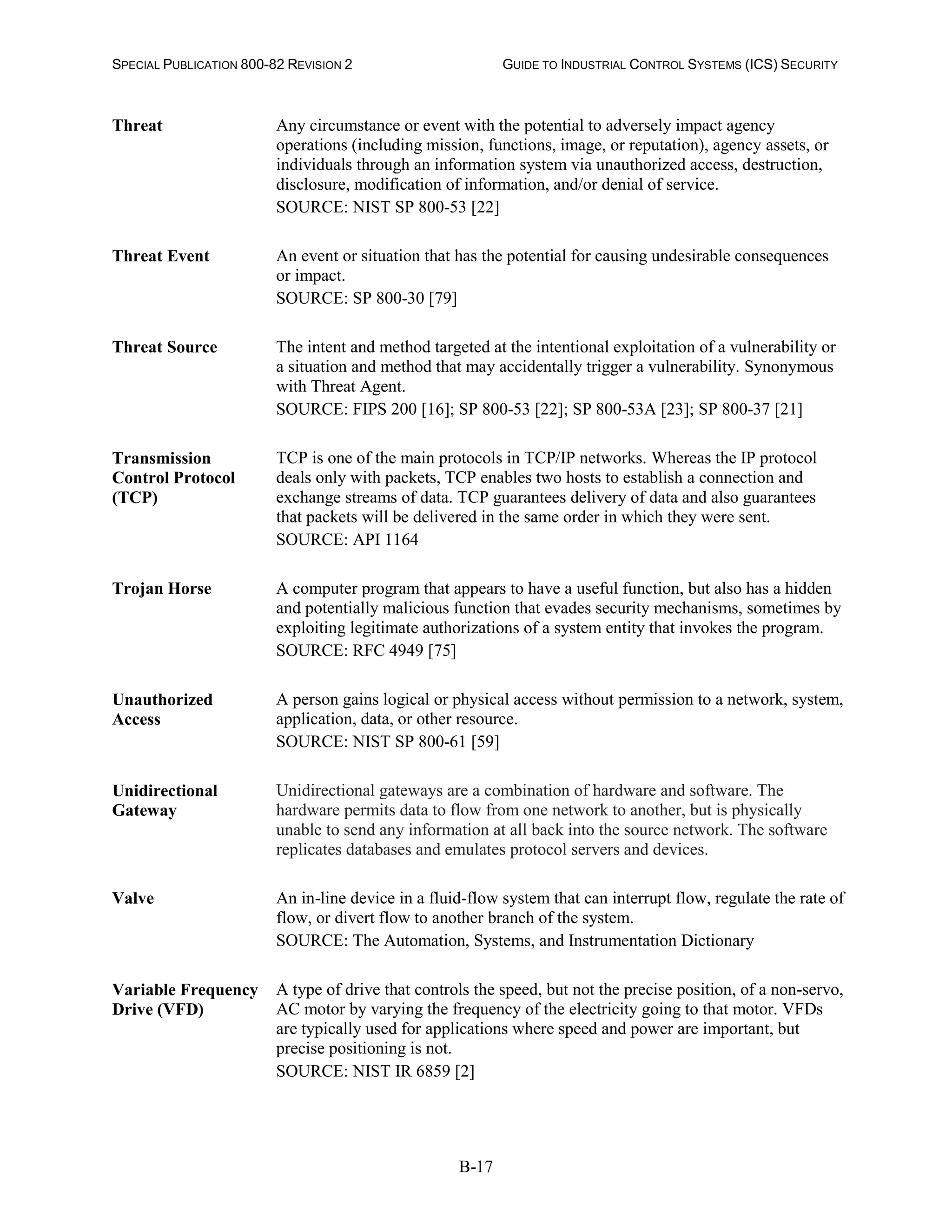 SPECIAL PUBLICATION 800-82 REVISION 2 GUIDE TO INDUSTRIAL CONTROL SYSTEMS (ICS) SECURITY
B-17
Threat Any circumstance or event with the potential to adversely impact agency
operations (including mission, functions, image, or reputation), agency assets, or
individuals through an information system via unauthorized access, destruction,
disclosure, modification of information, and/or denial of service.
SOURCE: NIST SP 800-53 [22]
Threat Event An event or situation that has the potential for causing undesirable consequences
or impact.
SOURCE: SP 800-30 [79]
Threat Source The intent and method targeted at the intentional exploitation of a vulnerability or
a situation and method that may accidentally trigger a vulnerability. Synonymous
with Threat Agent.
SOURCE: FIPS 200 [16]; SP 800-53 [22]; SP 800-53A [23]; SP 800-37 [21]
Transmission
Control Protocol
(TCP)
TCP is one of the main protocols in TCP/IP networks. Whereas the IP protocol
deals only with packets, TCP enables two hosts to establish a connection and
exchange streams of data. TCP guarantees delivery of data and also guarantees
that packets will be delivered in the same order in which they were sent.
SOURCE: API 1164
Trojan Horse A computer program that appears to have a useful function, but also has a hidden
and potentially malicious function that evades security mechanisms, sometimes by
exploiting legitimate authorizations of a system entity that invokes the program.
SOURCE: RFC 4949 [75]
Unauthorized
Access
A person gains logical or physical access without permission to a network, system,
application, data, or other resource.
SOURCE: NIST SP 800-61 [59]
Unidirectional
Gateway
Unidirectional gateways are a combination of hardware and software. The
hardware permits data to flow from one network to another, but is physically
unable to send any information at all back into the source network. The software
replicates databases and emulates protocol servers and devices.
Valve An in-line device in a fluid-flow system that can interrupt flow, regulate the rate of
flow, or divert flow to another branch of the system.
SOURCE: The Automation, Systems, and Instrumentation Dictionary
Variable Frequency
Drive (VFD)
A type of drive that controls the speed, but not the precise position, of a non-servo,
AC motor by varying the frequency of the electricity going to that motor. VFDs
are typically used for applications where speed and power are important, but
precise positioning is not.
SOURCE: NIST IR 6859 [2]
 