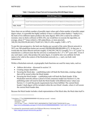 NISTIR 8202 BLOCKCHAIN TECHNOLOGY OVERVIEW
8
This
publication
is
available
free
of
charge
from:
https://doi.org/10.6028/NIST.IR.8202
Table 1: Examples of Input Text and Corresponding SHA-256 Digest Values
Input Text SHA-256 Digest Value
1 0x6b86b273ff34fce19d6b804eff5a3f5747ada4eaa22f1d49c01e52ddb7875b4b
2 0xd4735e3a265e16eee03f59718b9b5d03019c07d8b6c51f90da3a666eec13ab35
Hello, World! 0xdffd6021bb2bd5b0af676290809ec3a53191dd81c7f70a4b28688a362182986f
Since there are an infinite number of possible input values and a finite number of possible output
digest values, it is possible but highly unlikely to have a collision where hash(x) = hash(y) (i.e.,
the hash of two different inputs produces the same digest). SHA-256 is said to be collision
resistant, since to find a collision in SHA-256, one would have to execute the algorithm, on
average, about 2128
times (which is 340 undecillions, or more precisely
340,282,366,920,938,463,463,374,607,431,768,211,456; roughly 3.402 x 1038
).
To put this into perspective, the hash rate (hashes per second) of the entire Bitcoin network in
2015 was 300 quadrillion hashes per second (300,000,000,000,000,000/s) [7]. At that rate, it
would take the entire Bitcoin network roughly 35,942,991,748,521 (roughly 3.6 x 1013
) years2
to
manufacture a collision (note that the universe is estimated to be 1.37 x 1010
years old)3
. Even if
any such input x and y that produce the same digest, it would be also very unlikely for both
inputs to be valid in the context of the blockchain network (i.e., x and y are both valid
transactions).
Within a blockchain network, cryptographic hash functions are used for many tasks, such as:
• Address derivation – discussed in section 3.4.
• Creating unique identifiers.
• Securing the block data – a publishing node will hash the block data, creating a digest
that will be stored within the block header.
• Securing the block header – a publishing node will hash the block header. If the
blockchain network utilizes a proof of work consensus model (see Section 4.1), the
publishing node will need to hash the block header with different nonce values (see
Section 3.1.1) until the puzzle requirements have been fulfilled. The current block
header’s hash digest will be included within the next block’s header, where it will secure
the current block header data.
Because the block header includes a hash representation of the block data, the block data itself is
2
Calculation: 2128
/((((300000000000000000×60) (hash per second -> minute)
×60) (minute -> hour)
×24) (hour -> day)
×365.25) (day -> year) = 35942991748521.060268986932617580573454677584269188193 years
https://www.wolframalpha.com/input/?i=2%5E128%2F(300000000000000000+*+60+*+60+*+24+*+365.25)
3
As estimated by measurements made by the Wilkinson Microwave Anisotropy Probe
https://map.gsfc.nasa.gov/universe/uni_age.html
 