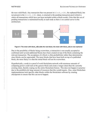 NISTIR 8202 BLOCKCHAIN TECHNOLOGY OVERVIEW
28
This
publication
is
available
free
of
charge
from:
https://doi.org/10.6028/NIST.IR.8202
the next valid block. Any transaction that was present in block_n(A), the orphaned block, but
not present in the block_n(B) chain, is returned to the pending transaction pool (which is
where all transactions which have not been included within a block reside). Note that this set of
pending transactions is maintained locally at each node as there is no central server in the
architecture.
Figure 5: The chain with block_n(B) adds the next block, the chain with block_n(A) is now orphaned
Due to the possibility of blocks being overwritten, a transaction is not usually accepted as
confirmed until several additional blocks have been created on top of the block containing the
relevant transaction. The acceptance of a block is often probabilistic rather than deterministic
since blocks can be superseded. The more blocks that have been built on top of a published
block, the more likely it is that the initial block will not be overwritten.
Hypothetically, a node in a proof of work blockchain network with enormous amounts of
computing power could start at the genesis block and create a longer chain than the currently
existing chain, thereby wiping out the entire blockchain history. This does not happen in practice
due to the prohibitively large amount of resources that this would require. Also, some blockchain
implementations lock specific older blocks within the blockchain software by creating
checkpoints to ensure that this can never happen.
 