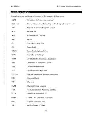 NISTIR 8202 BLOCKCHAIN TECHNOLOGY OVERVIEW
47
This
publication
is
available
free
of
charge
from:
https://doi.org/10.6028/NIST.IR.8202
Appendix A—Acronyms
Selected acronyms and abbreviations used in this paper are defined below.
ACM Association for Computing Machinery
ACT-IAC American Council for Technology and Industry Advisory Council
ASIC Application-Specific Integrated Circuit
BCH Bitcoin Cash
BFT Byzantine Fault Tolerant
BTC Bitcoin
CPU Central Processing Unit
CR Create, Read
CRUD Create, Read, Update, Delete
DAG Directed Acyclic Graph
DAO Decentralized Autonomous Organization
DHS Department of Homeland Security
DID Decentralized Identifier
DSA Digital Signature Algorithm
ECDSA Elliptic Curve Digital Signature Algorithm
ETC Ethereum Classic
ETH Ethereum
EVM Ethereum Virtual Machine
FIPS Federal Information Processing Standard
FOIA Freedom of Information Act
GDPR General Data Protection Regulation
GPU Graphics Processing Unit
I2P Invisible Internet Project
 