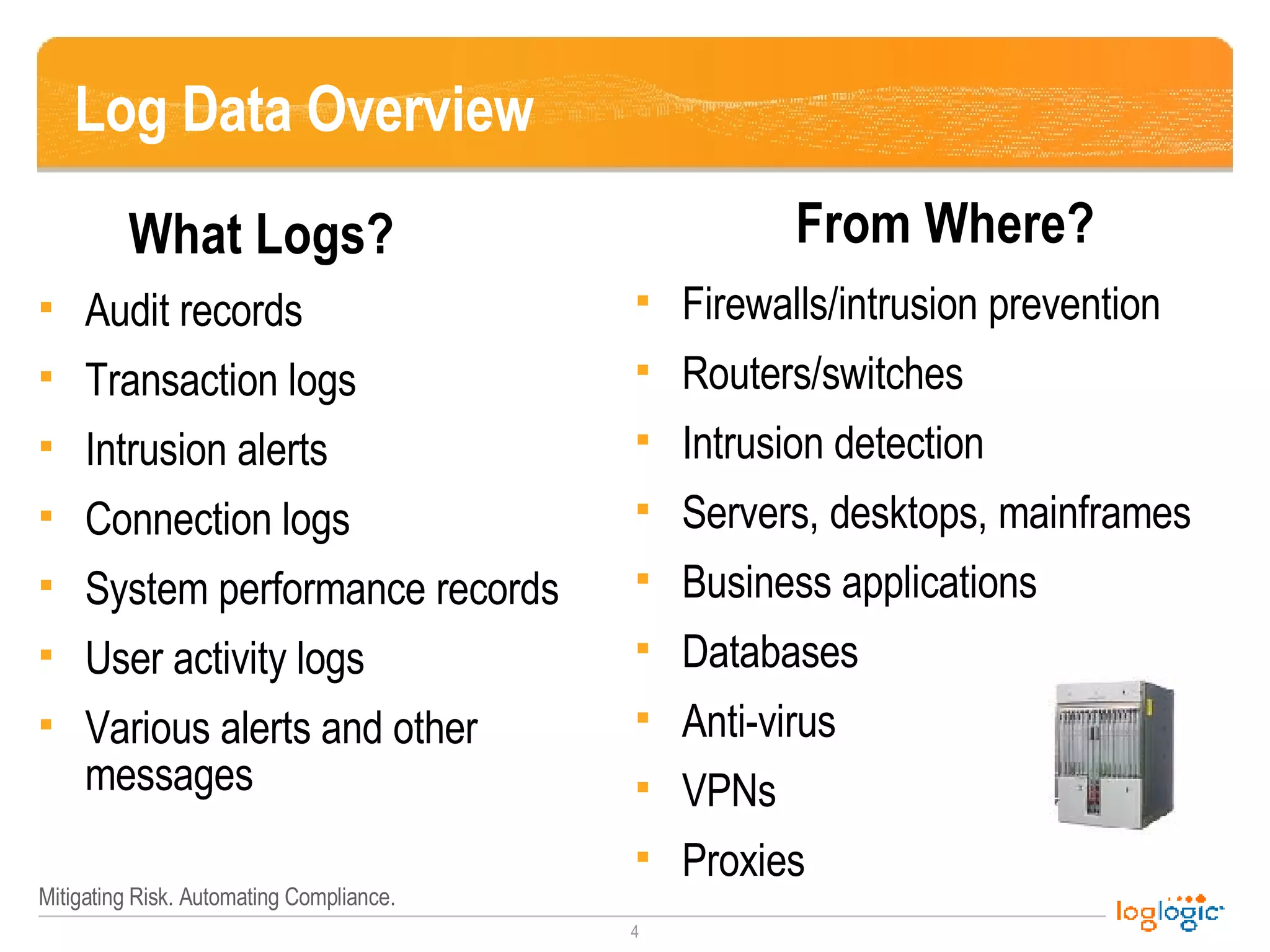 Log Data Overview Audit  records Transaction logs Intrusion alerts Connection logs System performance records User activity logs Various alerts and other messages Firewalls/intrusion prevention Routers/switches Intrusion detection Servers, desktops, mainframes Business applications Databases Anti-virus VPNs Proxies What Logs? From Where? 