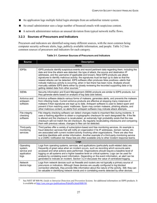COMPUTER SECURITY INCIDENT HANDLING GUIDE
27
 An application logs multiple failed login attempts from an unfamiliar remote system.
 An email administrator sees a large number of bounced emails with suspicious content.
 A network administrator notices an unusual deviation from typical network traffic flows.
3.2.3 Sources of Precursors and Indicators
Precursors and indicators are identified using many different sources, with the most common being
computer security software alerts, logs, publicly available information, and people. Table 3-2 lists
common sources of precursors and indicators for each category.
Table 3-1. Common Sources of Precursors and Indicators
Source Description
Alerts
IDPSs IDPS products identify suspicious events and record pertinent data regarding them, including the
date and time the attack was detected, the type of attack, the source and destination IP
addresses, and the username (if applicable and known). Most IDPS products use attack
signatures to identify malicious activity; the signatures must be kept up to date so that the
newest attacks can be detected. IDPS software often produces false positives—alerts that
indicate malicious activity is occurring, when in fact there has been none. Analysts should
manually validate IDPS alerts either by closely reviewing the recorded supporting data or by
getting related data from other sources.31
SIEMs Security Information and Event Management (SIEM) products are similar to IDPS products, but
they generate alerts based on analysis of log data (see below).
Antivirus and
antispam
software
Antivirus software detects various forms of malware, generates alerts, and prevents the malware
from infecting hosts. Current antivirus products are effective at stopping many instances of
malware if their signatures are kept up to date. Antispam software is used to detect spam and
prevent it from reaching users’ mailboxes. Spam may contain malware, phishing attacks, and
other malicious content, so alerts from antispam software may indicate attack attempts.
File integrity
checking
software
File integrity checking software can detect changes made to important files during incidents. It
uses a hashing algorithm to obtain a cryptographic checksum for each designated file. If the file
is altered and the checksum is recalculated, an extremely high probability exists that the new
checksum will not match the old checksum. By regularly recalculating checksums and comparing
them with previous values, changes to files can be detected.
Third-party
monitoring
services
Third parties offer a variety of subscription-based and free monitoring services. An example is
fraud detection services that will notify an organization if its IP addresses, domain names, etc.
are associated with current incident activity involving other organizations. There are also free
real-time blacklists with similar information. Another example of a third-party monitoring service
is a CSIRC notification list; these lists are often available only to other incident response teams.
Logs
Operating
system,
service and
application
logs
Logs from operating systems, services, and applications (particularly audit-related data) are
frequently of great value when an incident occurs, such as recording which accounts were
accessed and what actions were performed. Organizations should require a baseline level of
logging on all systems and a higher baseline level on critical systems. Logs can be used for
analysis by correlating event information. Depending on the event information, an alert can be
generated to indicate an incident. Section 3.2.4 discusses the value of centralized logging.
Network
device logs
Logs from network devices such as firewalls and routers are not typically a primary source of
precursors or indicators. Although these devices are usually configured to log blocked
connection attempts, they provide little information about the nature of the activity. Still, they can
be valuable in identifying network trends and in correlating events detected by other devices.
31
See NIST SP 800-94, Guide to Intrusion Detection and Prevention Systems, for additional information on IDPS products. It
is available at http://csrc.nist.gov/publications/PubsSPs.html#800-94.
 