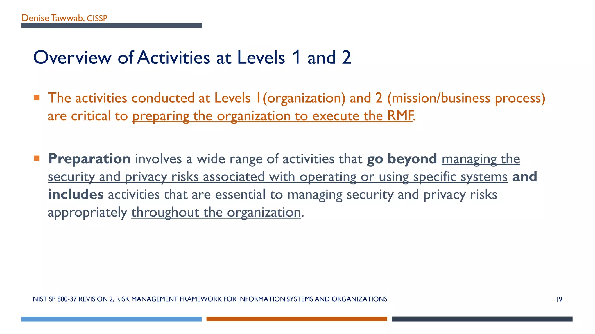 DeniseTawwab, CISSP
Overview of Activities at Levels 1 and 2
 The activities conducted at Levels 1(organization) and 2 (mission/business process)
are critical to preparing the organization to execute the RMF.
 Preparation involves a wide range of activities that go beyond managing the
security and privacy risks associated with operating or using specific systems and
includes activities that are essential to managing security and privacy risks
appropriately throughout the organization.
NIST SP 800-37 REVISION 2, RISK MANAGEMENT FRAMEWORK FOR INFORMATION SYSTEMS AND ORGANIZATIONS 19
 