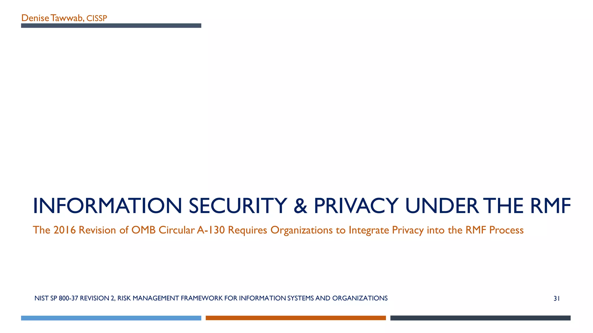 DeniseTawwab, CISSP
INFORMATION SECURITY & PRIVACY UNDER THE RMF
The 2016 Revision of OMB Circular A-130 Requires Organizations to Integrate Privacy into the RMF Process
31NIST SP 800-37 REVISION 2, RISK MANAGEMENT FRAMEWORK FOR INFORMATION SYSTEMS AND ORGANIZATIONS
 