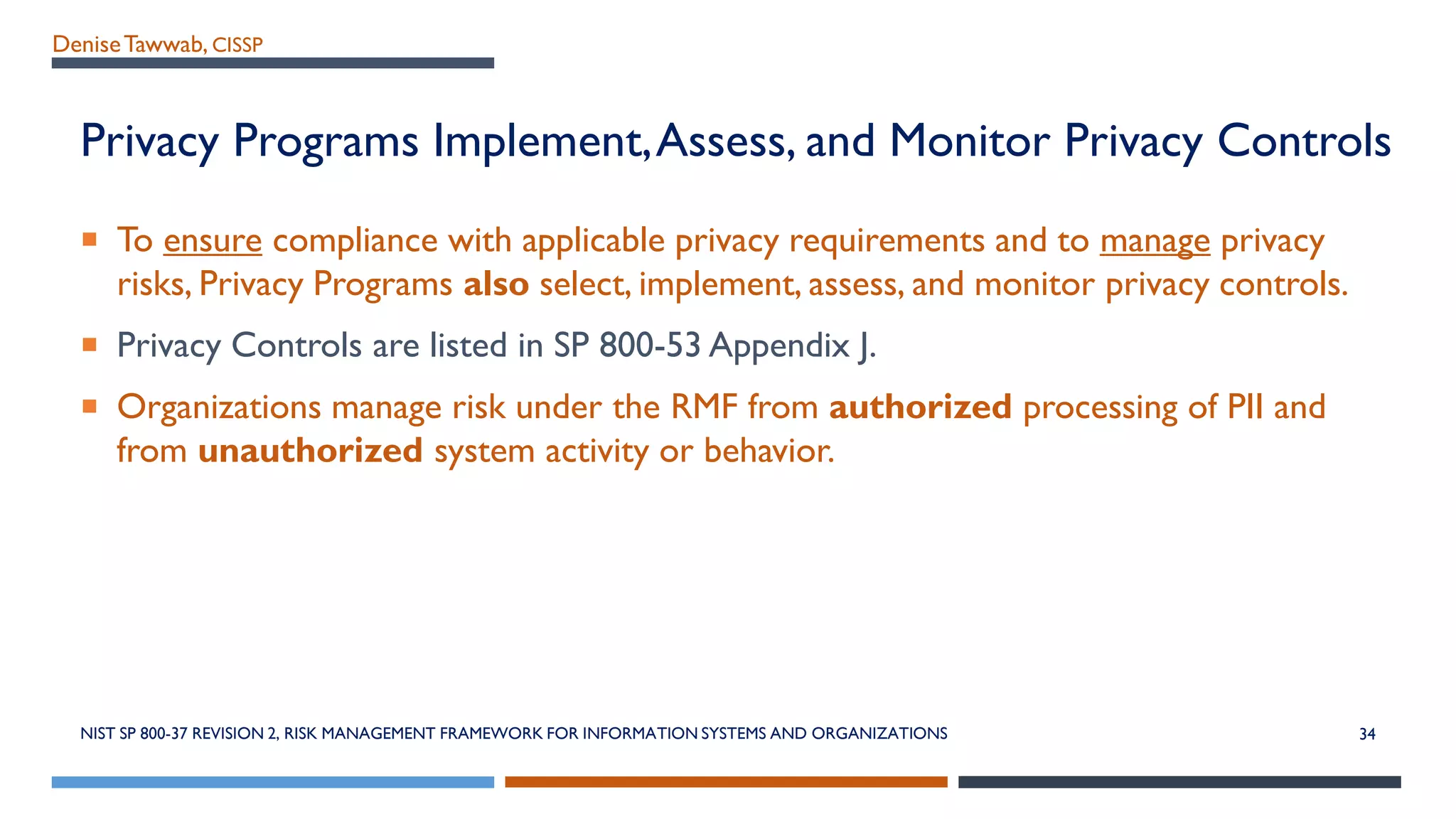 DeniseTawwab, CISSP
Privacy Programs Implement,Assess, and Monitor Privacy Controls
 To ensure compliance with applicable privacy requirements and to manage privacy
risks, Privacy Programs also select, implement, assess, and monitor privacy controls.
 Privacy Controls are listed in SP 800-53 Appendix J.
 Organizations manage risk under the RMF from authorized processing of PII and
from unauthorized system activity or behavior.
NIST SP 800-37 REVISION 2, RISK MANAGEMENT FRAMEWORK FOR INFORMATION SYSTEMS AND ORGANIZATIONS 34
 