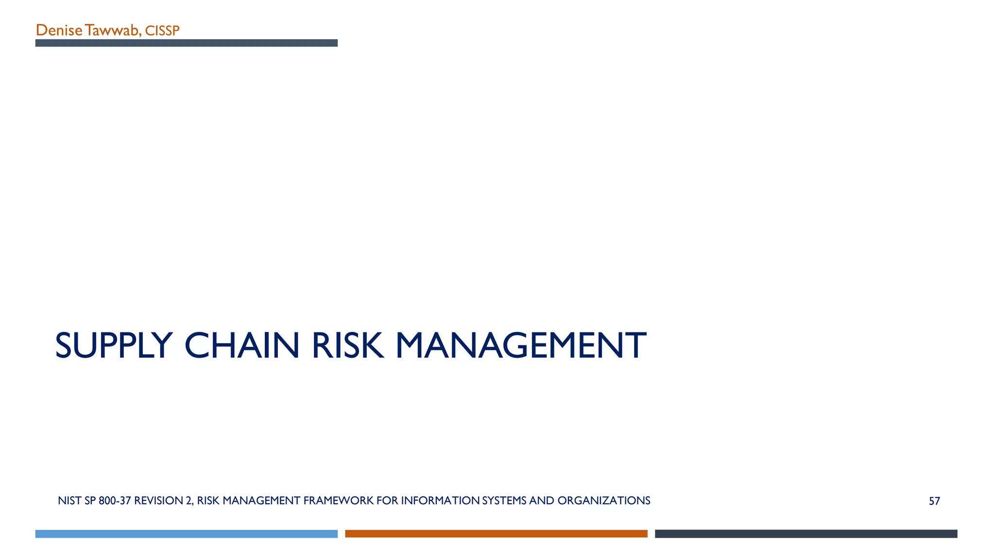 DeniseTawwab, CISSP
SUPPLY CHAIN RISK MANAGEMENT
57NIST SP 800-37 REVISION 2, RISK MANAGEMENT FRAMEWORK FOR INFORMATION SYSTEMS AND ORGANIZATIONS
 