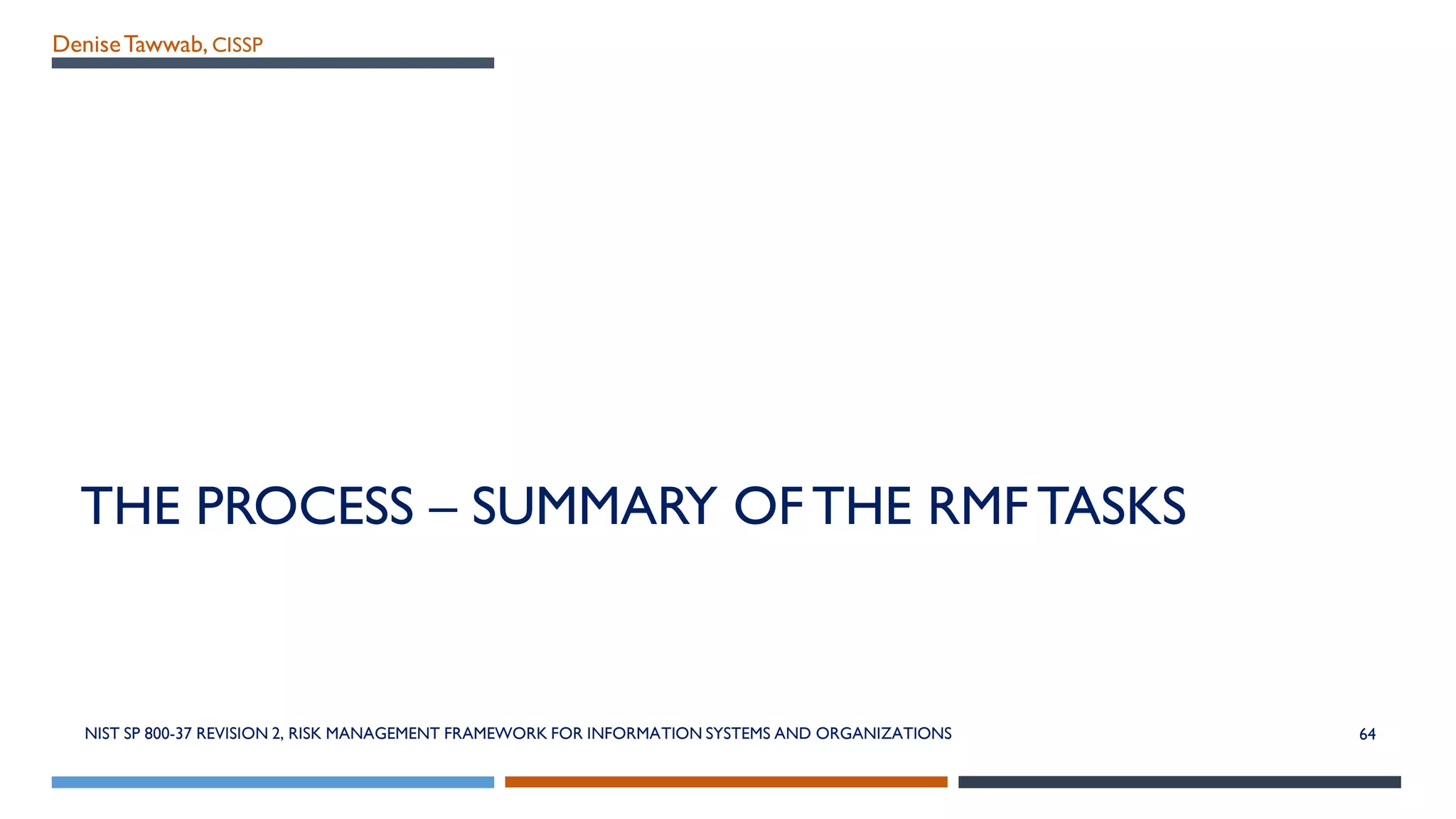 DeniseTawwab, CISSP
THE PROCESS – SUMMARY OFTHE RMF TASKS
64NIST SP 800-37 REVISION 2, RISK MANAGEMENT FRAMEWORK FOR INFORMATION SYSTEMS AND ORGANIZATIONS
 