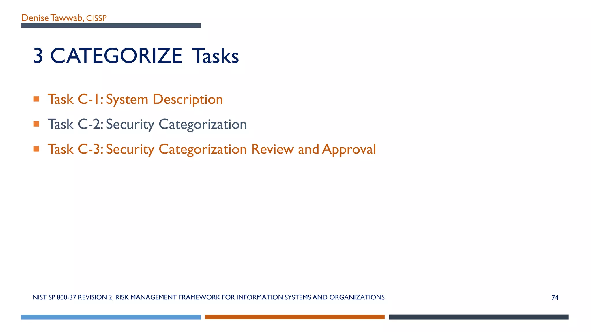 DeniseTawwab, CISSP
3 CATEGORIZE Tasks
 Task C-1: System Description
 Task C-2: Security Categorization
 Task C-3: Security Categorization Review and Approval
NIST SP 800-37 REVISION 2, RISK MANAGEMENT FRAMEWORK FOR INFORMATION SYSTEMS AND ORGANIZATIONS 74
 