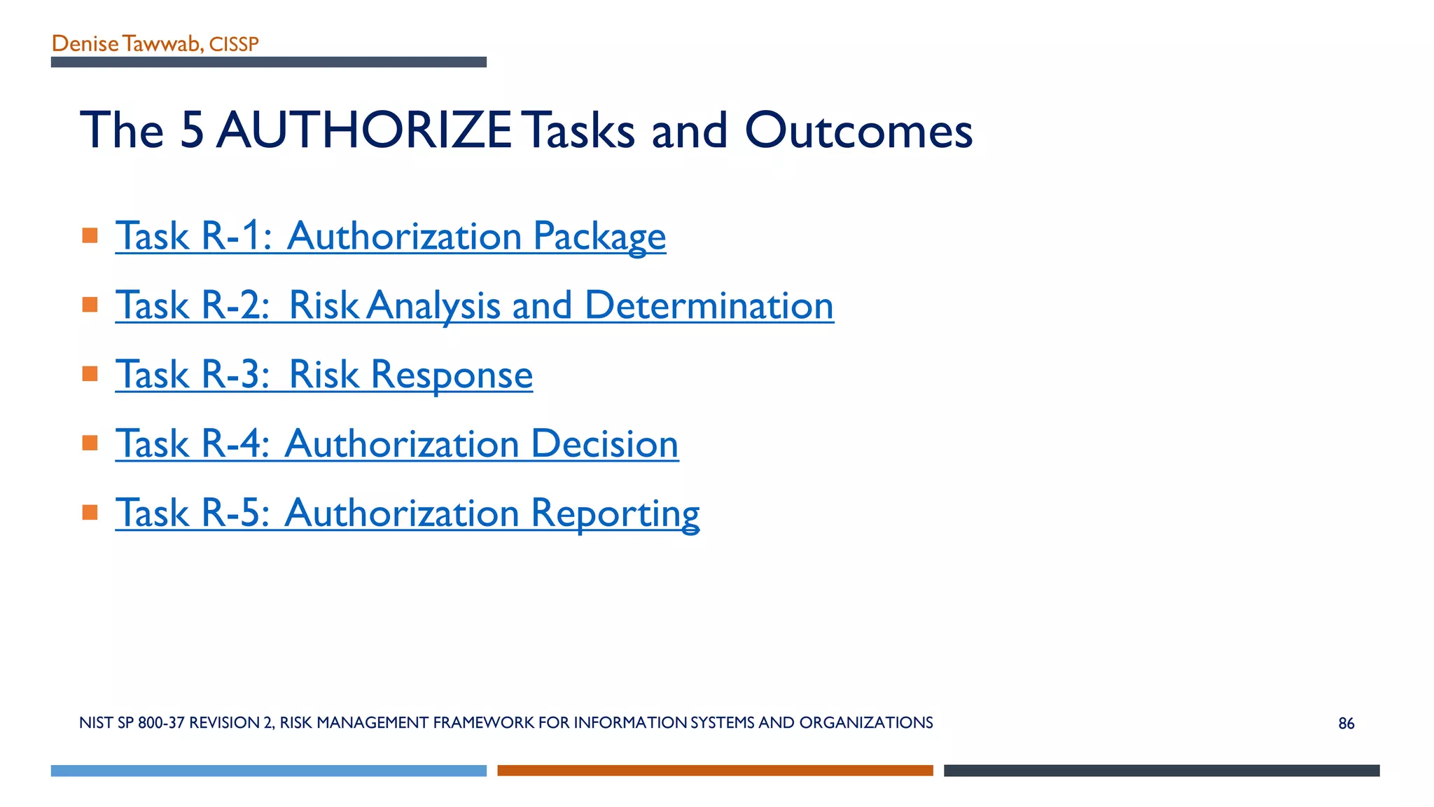 DeniseTawwab, CISSP
The 5 AUTHORIZETasks and Outcomes
 Task R-1: Authorization Package
 Task R-2: Risk Analysis and Determination
 Task R-3: Risk Response
 Task R-4: Authorization Decision
 Task R-5: Authorization Reporting
NIST SP 800-37 REVISION 2, RISK MANAGEMENT FRAMEWORK FOR INFORMATION SYSTEMS AND ORGANIZATIONS 86
 