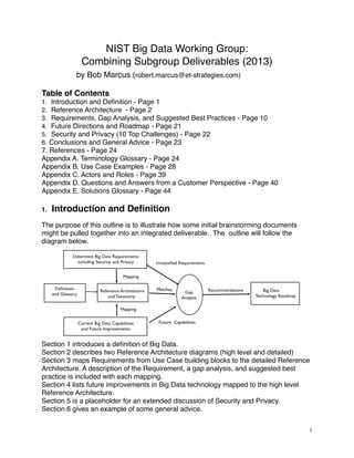 NIST Big Data Working Group:
Combining Subgroup Deliverables (2013)
by Bob Marcus (robert.marcus@et-strategies.com)
Table of Contents
1. Introduction and Deﬁnition - Page 1
2. Reference Architecture - Page 2
3. Requirements, Gap Analysis, and Suggested Best Practices - Page 10
4. Future Directions and Roadmap - Page 21
5. Security and Privacy (10 Top Challenges) - Page 22
6. Conclusions and General Advice - Page 23
7. References - Page 24
Appendix A. Terminology Glossary - Page 24
Appendix B. Use Case Examples - Page 28
Appendix C. Actors and Roles - Page 39
Appendix D. Questions and Answers from a Customer Perspective - Page 40
Appendix E. Solutions Glossary - Page 44
1. Introduction and Deﬁnition
The purpose of this outline is to illustrate how some initial brainstorming documents
might be pulled together into an integrated deliverable. The outline will follow the
diagram below.
Section 1 introduces a deﬁnition of Big Data.
Section 2 describes two Reference Architecture diagrams (high level and detailed)
Section 3 maps Requirements from Use Case building blocks to the detailed Reference
Architecture. A description of the Requirement, a gap analysis, and suggested best
practice is included with each mapping.
Section 4 lists future improvements in Big Data technology mapped to the high level
Reference Architecture.
Section 5 is a placeholder for an extended discussion of Security and Privacy.
Section 6 gives an example of some general advice.
1
 