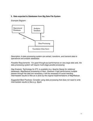 2. Data exported to Databases from Big Data File System
Example Diagram:
Description: A data processing system can extract, transform, and transmit data to
operational and analytic databases.
Possible Requirements: For good through-put performance on very large data sets, the
data processing system will require multi-stage parallel processing
Gap Analysis: Technology for ETL is available (e.g. Apache Sqoop for relational
databases, MapReduce processing of ﬁles). However if high performance multiple
passes through the data are necessary, it will be necessary to avoid rewriting
intermediate results to ﬁles as is done by the original implementations of MapReduce.
Suggested Best Practices: Consider using data processing that does not need to write
intermediate results to ﬁles e.g. Spark.
11
 