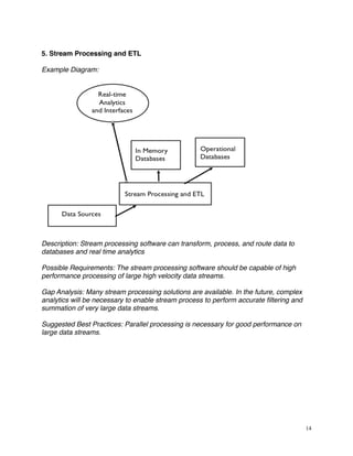 5. Stream Processing and ETL
Example Diagram:
Description: Stream processing software can transform, process, and route data to
databases and real time analytics
Possible Requirements: The stream processing software should be capable of high
performance processing of large high velocity data streams.
Gap Analysis: Many stream processing solutions are available. In the future, complex
analytics will be necessary to enable stream process to perform accurate ﬁltering and
summation of very large data streams.
Suggested Best Practices: Parallel processing is necessary for good performance on
large data streams.
14
 