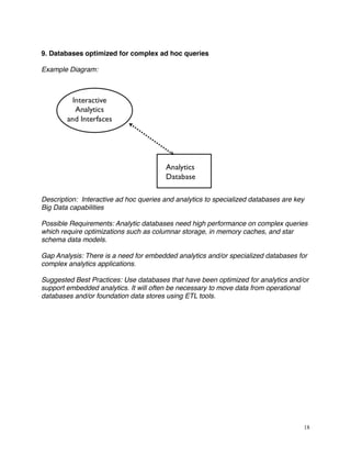 9. Databases optimized for complex ad hoc queries
Example Diagram:
Description: Interactive ad hoc queries and analytics to specialized databases are key
Big Data capabilities
Possible Requirements: Analytic databases need high performance on complex queries
which require optimizations such as columnar storage, in memory caches, and star
schema data models.
Gap Analysis: There is a need for embedded analytics and/or specialized databases for
complex analytics applications.
Suggested Best Practices: Use databases that have been optimized for analytics and/or
support embedded analytics. It will often be necessary to move data from operational
databases and/or foundation data stores using ETL tools.
18
 
