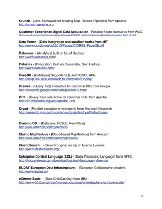 Crunch - (Java framework for creating Map-Reduce Pipelines) from Apache
http://crunch.apache.org/
Customer Experience Digital Data Acquisition - Possible future standards from W3C
http://www.w3.org/community/custexpdata/wiki/images/9/93/W3C_CustomerExperienceDigitalDataAcquisition_Draft_v0.5.pdf
Data Tamer - (Data integration and curation tools) from MIT
http://www.cidrdb.org/cidr2013/Papers/CIDR13_Paper28.pdf
Datameer - (Analytics) built on top of Hadoop
http://www.datameer.com/
Datastax - (Integration) Built on Cassandra, Solr, Hadoop
http://www.datastax.com/
DeepDB - (Database) Supports SQL and NoSQL APIs
http://deep.is/a-new-approach-to-information-theory/
Dremel - (Query Tool) interactive for columnar DBs from Google
http://research.google.com/pubs/pub36632.html
Drill - (Query Tool) interactive for columnar DBs from Apache
http://en.wikipedia.org/wiki/Apache_Drill
Dryad - (Parallel execution environment) from Microsoft Research
http://research.microsoft.com/en-us/projects/dryad/default.aspx
Dynamo DB - (Database, NoSQL, Key-Value)
http://aws.amazon.com/dynamodb/
Elastic MapReduce - (Cloud-based MapReduce) from Amazon
http://aws.amazon.com/elasticmapreduce/
ElasticSearch - (Search Engine) on top of Apache Lucerne
http://www.elasticsearch.org/
Enterprise Control Language (ECL) - (Data Processing Language) from HPPC
http://hpccsystems.com/download/docs/ecl-language-reference
EUDAT(European Data Infrastructure) - European Collaborative Initiative
http://www.eudat.eu/
eXtreme Scale - (Data Grid/Caching) from IBM
http://www-03.ibm.com/software/products/us/en/websphere-extreme-scale/
59
 