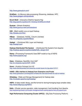 http://www.greenplum.com/
GridGain - (In Memory data processing) Streaming, database, HPC
http://www.gridgain.com/products/
Grunt Shell - (Interactive Shell for Apache Pig)
http://pig.apache.org/docs/r0.7.0/setup.html#Grunt+Shell
Guavas - (Stream Analytics)
http://www.guavus-new.com/solutions/
H20 - (Math toolkit) runs on topof Hadoop
http://0xdata.com/h2o/
HBase - (Database, NoSQL, Column oriented)
http://en.wikipedia.org/wiki/HBase
Hadapt - (Combined SQL Layer and Hadoop)
http://hadapt.com/
Hadoop Distributed File System - (Distributed File System) from Apache
http://hadoop.apache.org/docs/stable/hdfs_design.html
Hama - (Processing Framework) Uses BSP model on top of HDFS
http://hama.apache.org/
Hana - (Database, NewSQL) from SAP
http://en.wikipedia.org/wiki/SAP_HANA
Haven - (Analytics Package) from HP
http://www.itworldcanada.com/news/hp-unveils-haven-for-big-data/147217
HAWQ - (SQL Interface to Hadoop) from Greenplum and Pivotal
http://www.greenplum.com/blog/dive-in/hawq-the-new-benchmark-for-sql-on-hadoop
HCatalog - (Table and Storage Management) for Hadoop data
http://incubator.apache.org/hcatalog/
HDF5- (A data model, library, and ﬁle format for storing/managing large complex data)
http://www.hdfgroup.org/HDF5/
Helix - (Cluster service operation, state management, fault handling) from Apache
http://engineering.linkedin.com/cluster-management/auto-scaling-apache-helix-and-apache-yarn
High Performance Computing Cluster (HPCC) - (Big Data Processing Platform)
61
 