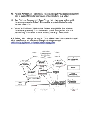 15. Process Management - Commercial vendors are supplying process management
tools to augment the initial open source implementations (e.g. Oozie)
16. Data Resource Management - Open Source data governance tools are still
immature (e.g. Apache Falcon). These will be augmented in the future by
commercial vendors.
17. System Management - Open source systems management tools are also
immature (e.g. Ambari). Fortunately robust system management tools are
commercially available for scalable infrastructure (e.g. Cloud-based)
Apache’s Big Data Offerings are mapped to the Reference Architecture in the diagram
below for reference. An overview of the Apache ecosystem is at
http://www.revelytix.com/?q=content/hadoop-ecosystem
8
 