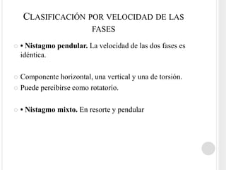 CLASIFICACIÓN POR VELOCIDAD DE LAS
                          FASES

   • Nistagmo pendular. La velocidad de las dos fases es
    idéntica.

 Componente horizontal, una vertical y una de torsión.
 Puede percibirse como rotatorio.



   • Nistagmo mixto. En resorte y pendular
 