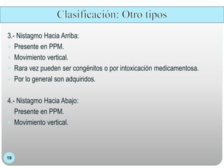 19
3.- Nistagmo Hacia Arriba:
 Presente en PPM.
 Movimiento vertical.
 Rara vez pueden ser congénitos o por intoxicación medicamentosa.
 Por lo general son adquiridos.
4.- Nistagmo Hacia Abajo:
 Presente en PPM.
 Movimiento vertical.
 