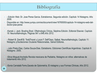 25
 - Edición Web: Dr. Jose Perea Garcia. Estrabismos. Segunda edición. Capítulo 14 Nistagmo. Año
2008.
 Disponible en: http://www.yumpu.com/es/document/view/16765000/capitulo-14-nistagmo-web-del-
doctor-jose-perea

 -Kanski J. Jack- Bowling Brad. Oftalmología Clínica, Séptima Edición. Editorial Elsevier. Capítulo
19: Neurooftalmología. Páginas 841 a 846.Año 2012.

 - Robert B. Daroff,B. ToddTroost y Louis F. Dell'Osso, Salbat, Neurooftalmología, Capitulo 11:
Nistagmo yOscilaciones Oculares Relacionadas, Salvat Editores.

 - Julio Prieto-Diaz, Carlos Souza-Dias. Estrabismo. Ediciones Científicas Argentinas. Capítulo 9:
Nistagmo. 2005.

 -Silvia Moguel-Ancheita Revista mexicana de Pediatria, Nistagmo en niños: alternativas de
tratamiento Año 2012.

 -Sonia Carratalá Ferre,Gaceta de Optometría, El nistagmo y sus Formas Clínicas, Año 2012.
 